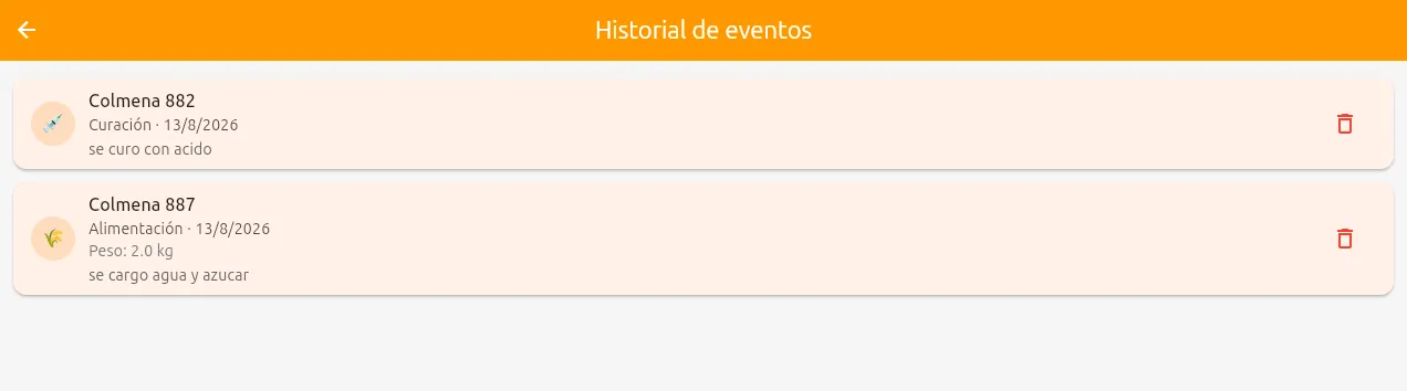 Historial de eventos